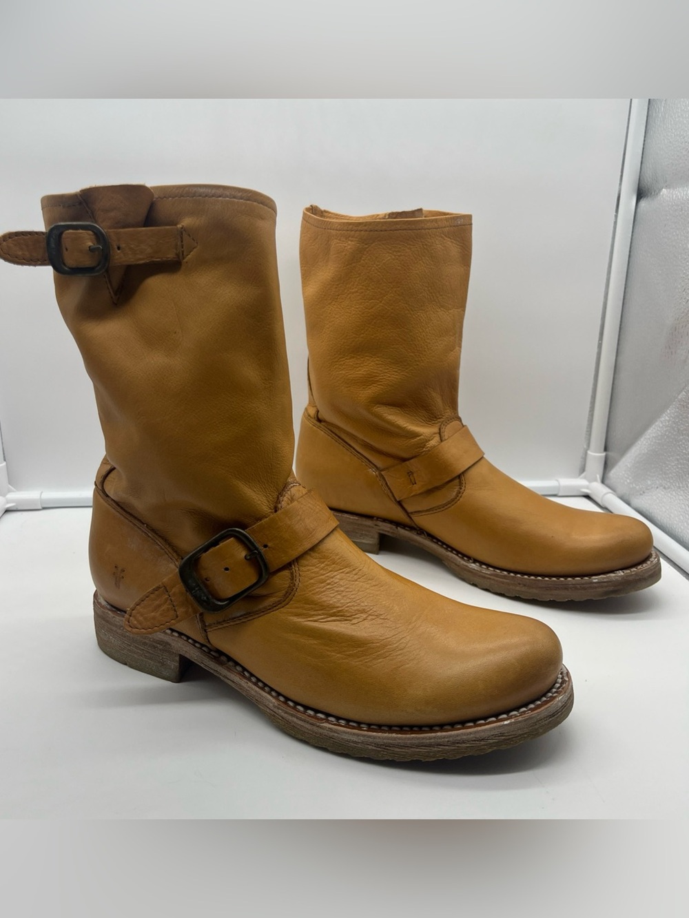 Frye Veronica Shortie Engineer Boots, Camel/Tan Leather, Mid-Calf Buckle Boots